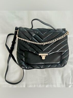 A New Day Quilted Black Leather-Style Top Handle Shoulder Bag with Chain